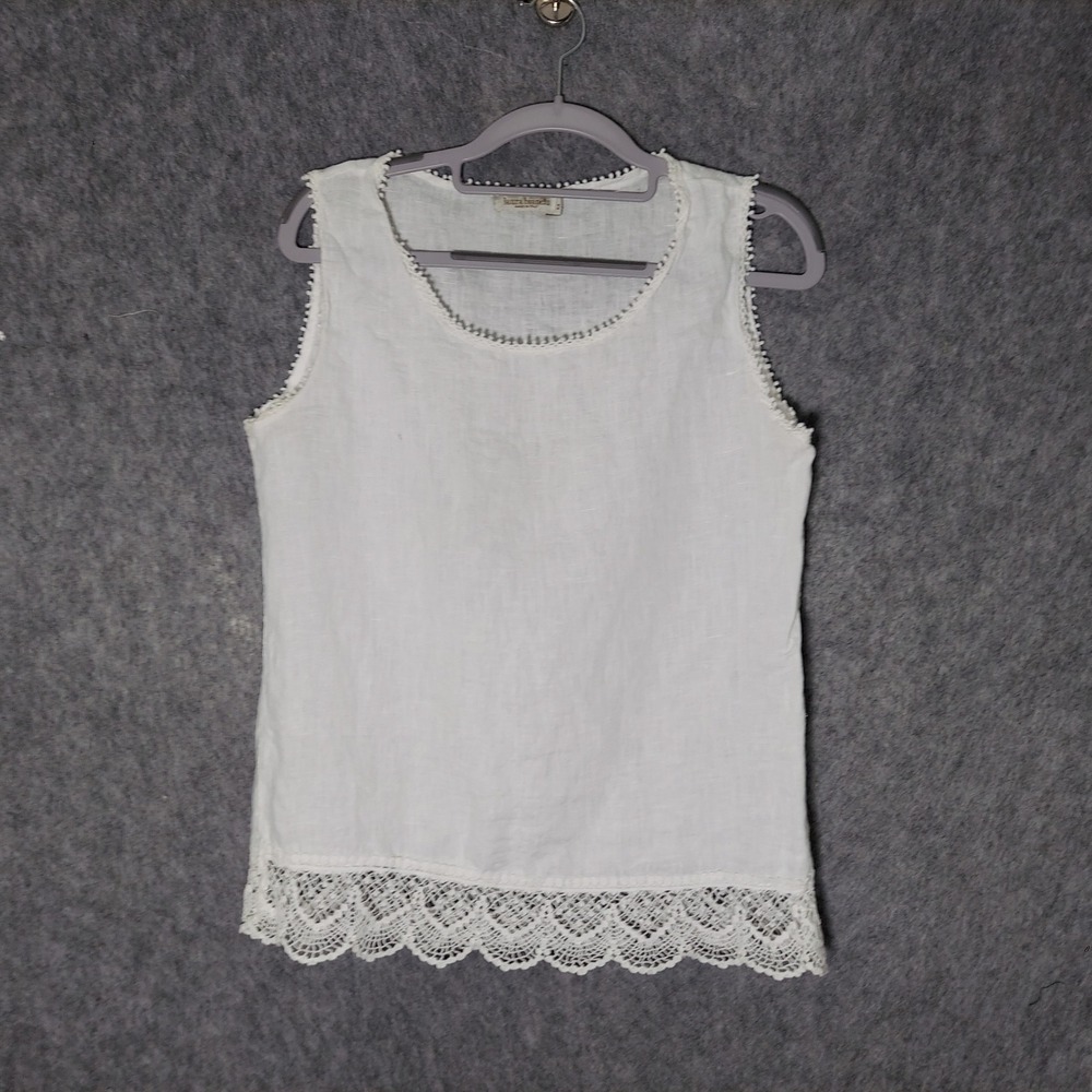 Laura Bianchi 100% Linen Top M White Cottagecore Crochet Trim Made in Italy